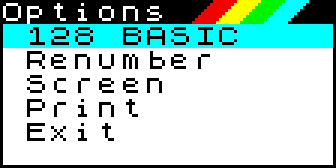 128 BASIC options menu screenshot, 2430 bytes